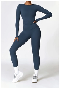 Détail de l'ensemble de yoga sans couture bleu ardoise avec manches longues et legging serré
