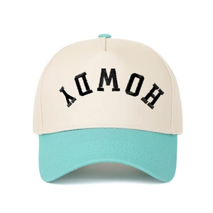 Macro detail of 3D HOWDY embroidery on two-tone cream and blue baseball cap fabric