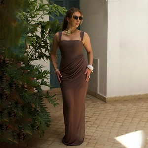 Detail view of brown off-shoulder bodycon dress with side rushing and mesh fabric detail