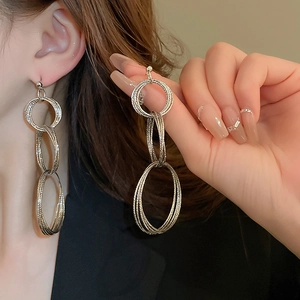 Exaggerated silver multilayer circle geometric drop earrings with metallic finish for women