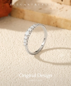 Macro view of dainty S925 sterling silver band with sparkling row of round-cut moissanite stones