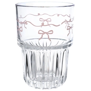 Pink bow glass cup with vertical texture for coffee and cold brew juice, minimalist style