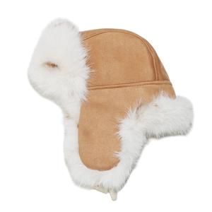 Detail of camel faux suede aviator hat with thick white faux fur lining and ear flaps