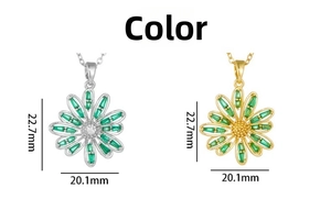 Detail showing dimensions of silver and gold sunflower pendants with green crystals