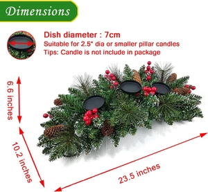 Close-up of a 3-cup Christmas candle holder with faux pine needles, berries and pine cones