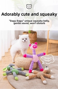 Detailed plush dog toys featuring squeakers, soft corduroy fabric and long striped limbs