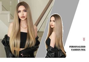 Detail view of long straight blonde ombre wig showing natural texture and hair length