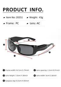 Detailed size chart for futuristic square sunglasses with frame and lens measurements