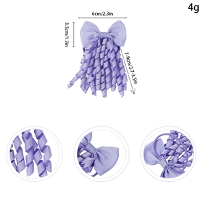 Purple grosgrain ribbon korker bow hair tie with spiral tassels and size details