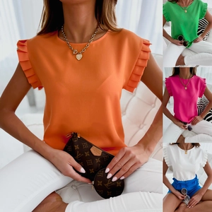 Camiseta de mujer con cuello redondo y puños plisados en varios colores vibrantes