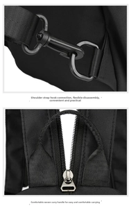 Nylon borsttas detail met duurzame metalen riemhaken, soepele ritsen en handvatten.