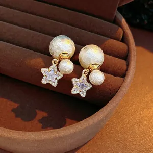 18K gold plated double pearl earrings with a star pendant and sparkling zircon stones
