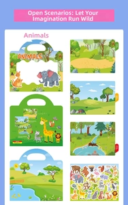 Detail view of reusable animal sticker book with portable scene boards and stickers