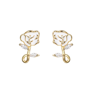 French vintage S925 silver rose stud earrings with white enamel and sparkling zircon