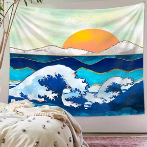 Detail of artistic tapestry featuring waves, mountains, and sun for home wall decor