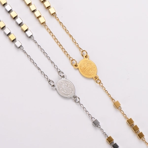 Stainless Steel Rosary Necklace For Women Men Saint Benedict Medal Crucifix Pendant Religious Jewelry Retro Square Beads