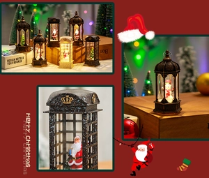 Close-up of LED Christmas lanterns with Santa and Snowman scenes in bronze finish
