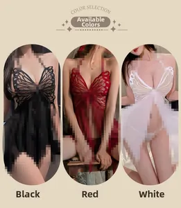 Detailed color options of sheer mesh lingerie with large butterfly embroidery detail