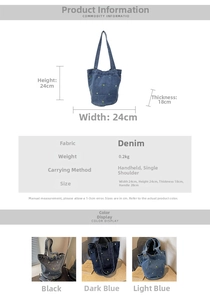 Größentabelle für Denim-Beuteltasche mit Maßen 24x24x18cm und drei Farbvarianten
