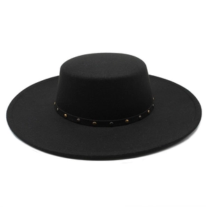 Classic black flat top boater hat with metallic gold and silver studs on the band