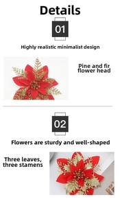 Macro detail of red Christmas poinsettia with gold glitter petals and festive pine needles
