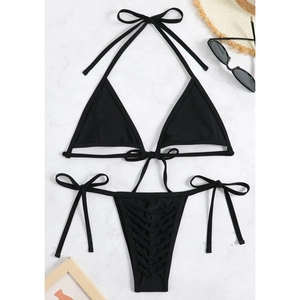 Solid Color Halter Neck Triangle Bikini Top And Tie Side Hollow Out Thong Bottom Swimsuit Women Nylon Spandex