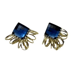Elegant S925 silver earrings featuring blue square crystals and golden tiered tassels
