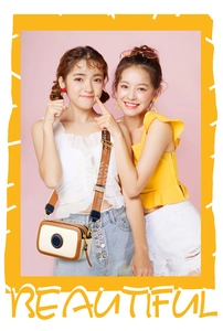 Detail view of small crossbody camera bag with stylish wide fabric letter strap