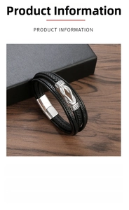 Macro detail of multi-layer black leather bracelet with infinity steel symbol and magnetic clasp