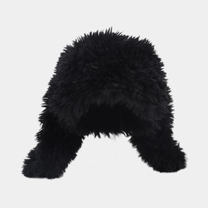 Detailed close-up showing the soft texture of black faux fur plush trapper hat material