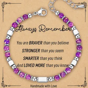 Detail of purple imperial stone beaded bracelet with metal spacers on message card