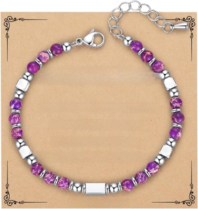 Detail of purple imperial stone beaded bracelet with metal spacers on message card