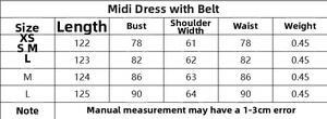 Size chart for belted midi dress showing measurements for XS S M L in centimeters