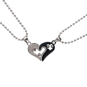 Titanium steel heart-shaped puzzle necklace with I Love You engraving and rhinestones