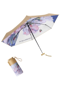 Detail of oil painting floral umbrella with champagne gold trim and portable capsule case