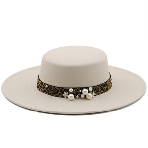 Elegant cream wool flat top wide brim hat with leopard print band and pearl accents