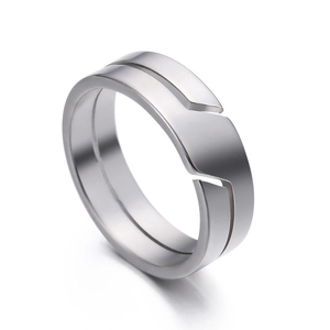 Modern minimalist stainless steel ring featuring a unique double-layer staggered slit design
