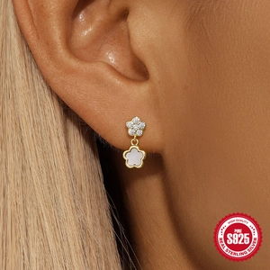 S925 sterling silver double-layer flower earrings with pearls and crystals on a model
