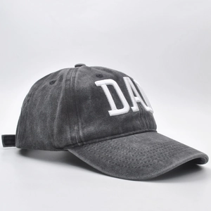 Close-up of 3D embroidered DAD text on vintage washed dark grey cotton baseball cap
