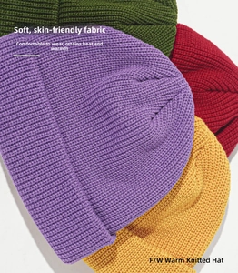 Close-up showing various colors and thick vertical ribbed texture of knit beanies