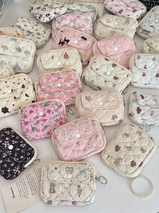 Quilted Fabric Coin Purse Small Card Holder Wallet With Snap Button Front Pocket And Metal Key Ring Cartoon Pattern