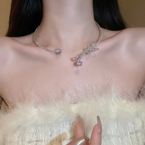 Close-up of sparkling zircon butterfly choker with silver finish worn by a model