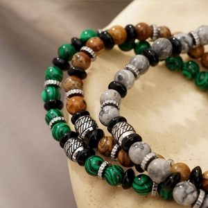 Handmade men's natural map stone and malachite beaded bracelet with metallic spacers