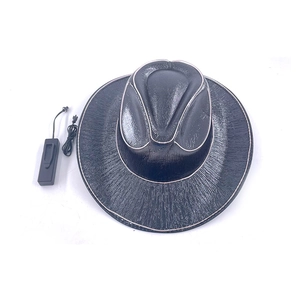 Detail view of black LED cowboy hat with side battery pack for Halloween parties