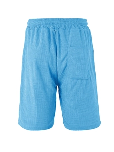 Detail of blue men's sports shorts featuring 3D geometric relief jacquard texture