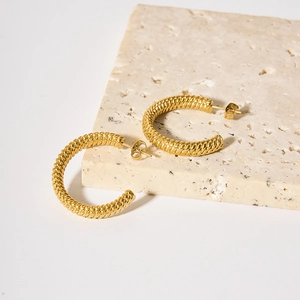 Minimalist 18k gold plated stainless steel twisted rope hoop earrings on stone base
