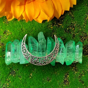 Bohemian 8cm green crystal hair clip with silver crescent moon on natural moss