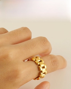 Detail of 18K gold plated stainless steel geometric chain ring on female index finger