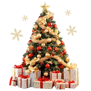 Detailed Christmas tree set with gold star topper, colorful baubles and white gift boxes