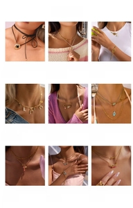 Collage showing various vintage stainless steel heart and flower necklaces with gold finish